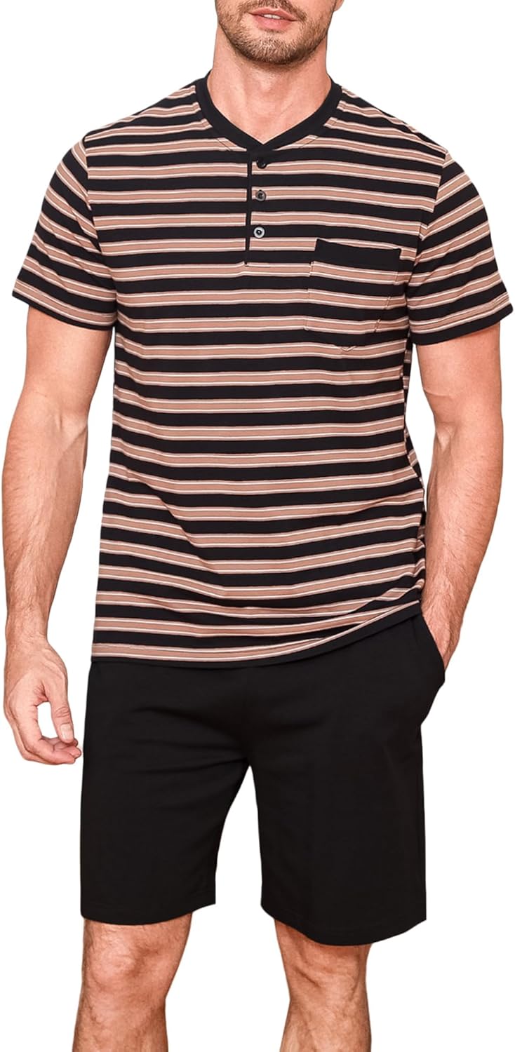 Thumbnail 6 de Winovia Herren Schlafanzug Kurz Baumwolle – Streifen-Design, Sommerpyjama mit Knopfleiste