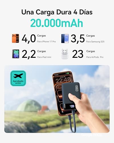Detalle de INIU Power Bank ultrapequeño de 20000mAh con carga rápida 22,5W y cable USB-C incluido