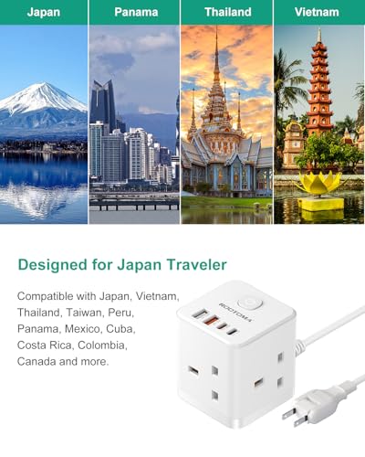 Thumbnail 3 de ROOTOMA Japan Travel Adapter 3 Way 4 Fast Charging USB (QC3.0/PD20W) – 7‑in‑1 UK to Japan