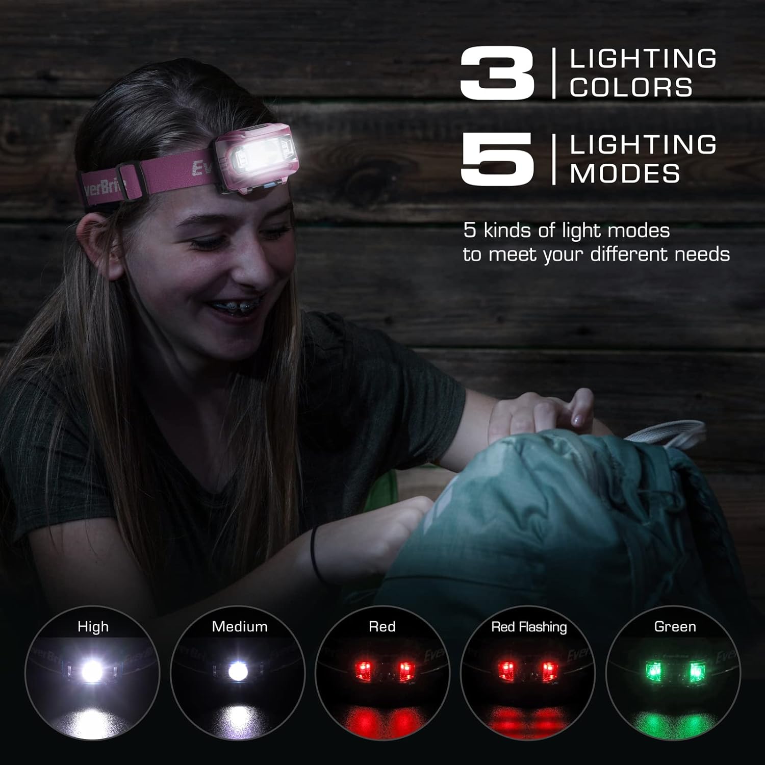 Thumbnail 1 de EverBrite Lampe Frontale 3 LEDs (Blanc, Rouge, Vert) – 300 LM, 5 Modes, Piles AAA incluses (Rose)