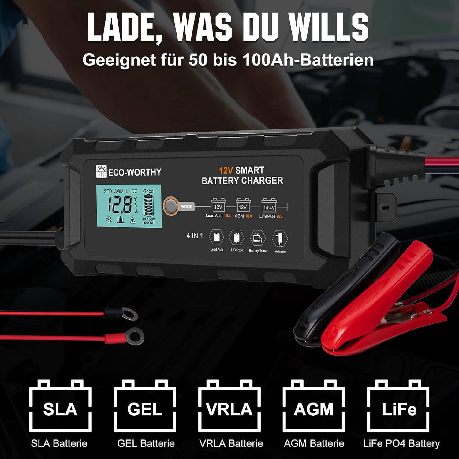 Thumbnail 2 de ECO-WORTHY 10A Autobatterie-Ladegerät für 12 V LiFePO4 & Blei-Säure (Erhaltungslader, Aktivierung)