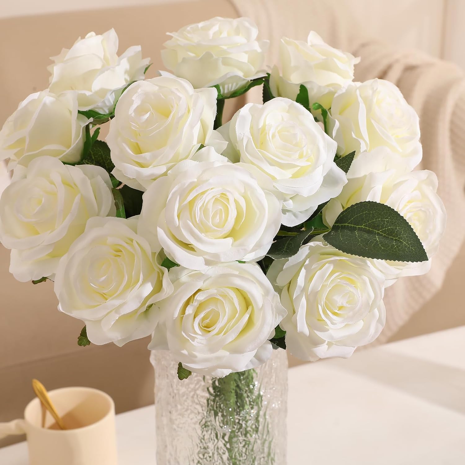 Thumbnail 6 de JUSTOYOU 30PCS White Silk Artificial Roses Bulk – Realistic 20-inch Silk Roses for Wedding, Home Decor, and Centerpieces