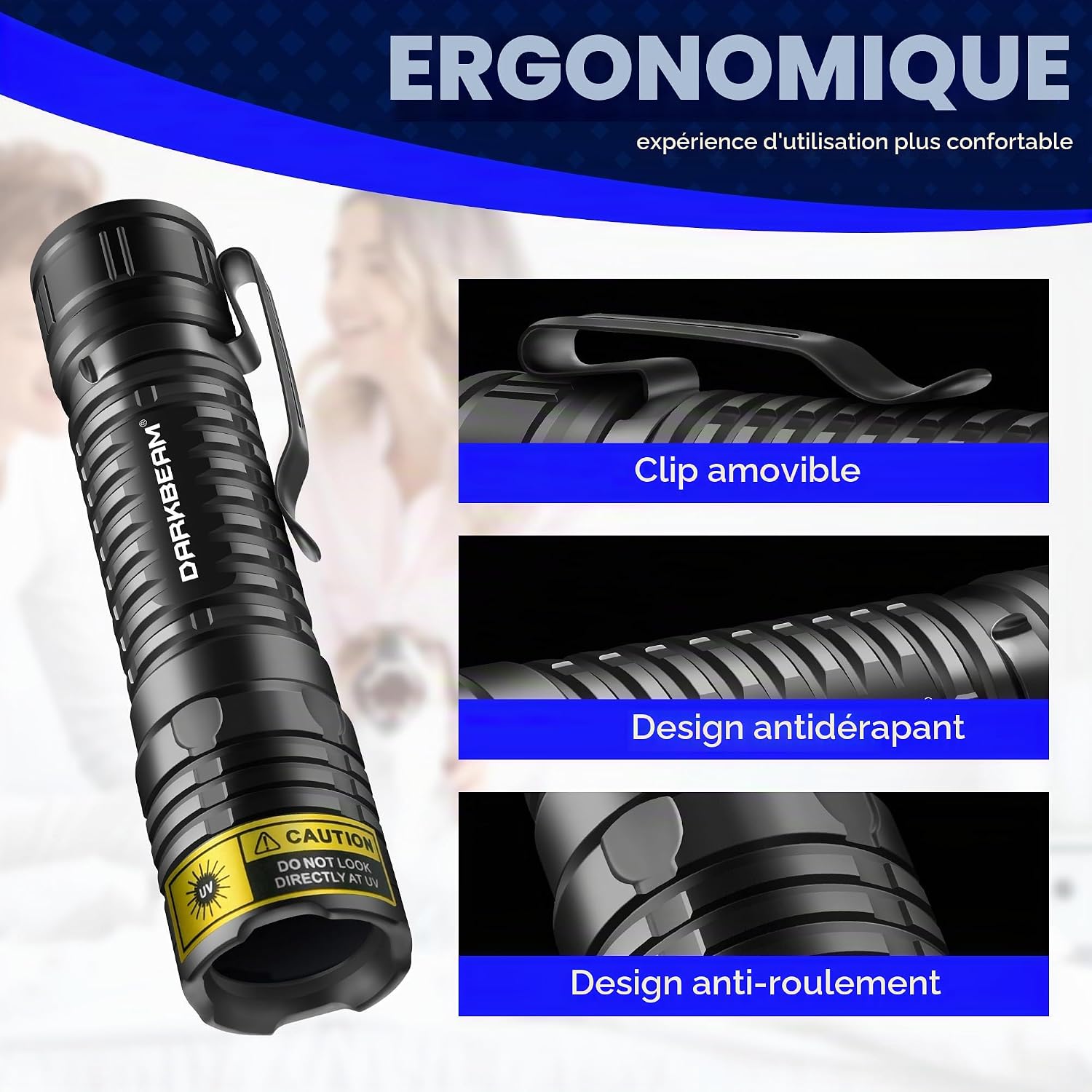 Detalle de DARKBEAM Lampe Torche UV 365 nm – LED compacte et rechargeable pour détecter urine animale, résine UV et autres usages