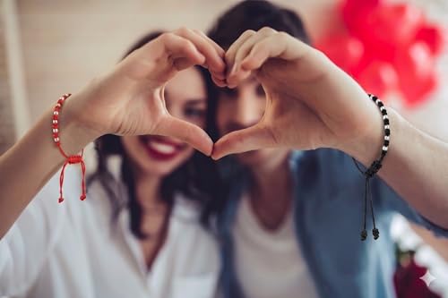 Detalle 1 de Pulseras Para Parejas 7 Bolas Plata y 7 Nudos - Hilo Rojo del Destino y Hilo Negro | AMOR CON PALABRAS