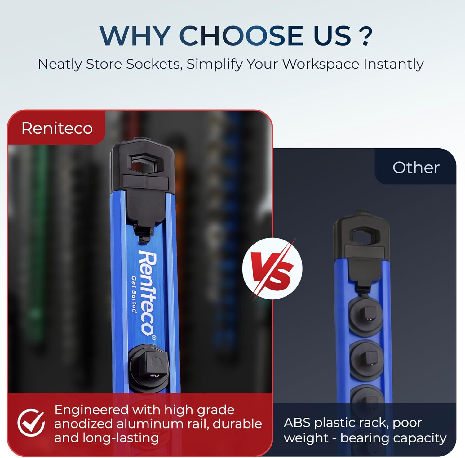 Thumbnail 6 de Reniteco Magnetic Socket Organizer (3/8" Drive) Aluminum Alloy Rail with 14PC 360° Swivel Clips, Blue