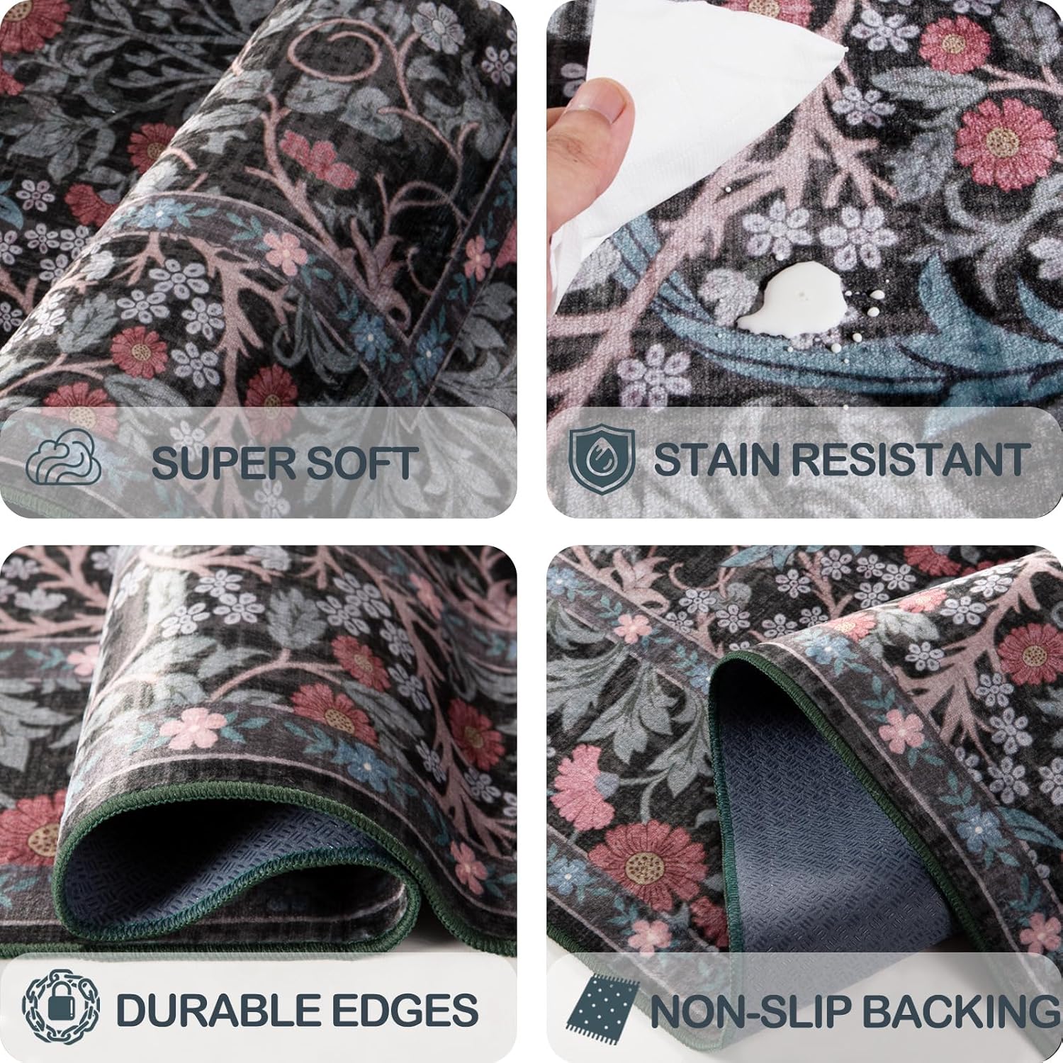 Thumbnail 5 de shinefly 8x10 Washable Floral Area Rug — Dark Green, Non-Slip, Low Pile