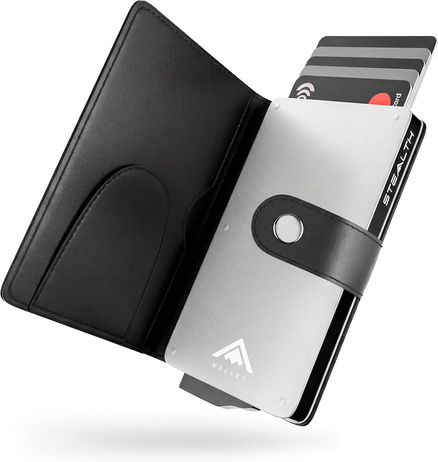Detalle de Stealth Wallet RFID Card Holder Wallet — Slim pop-up metal card case with gift box (Black aluminium & black leather)