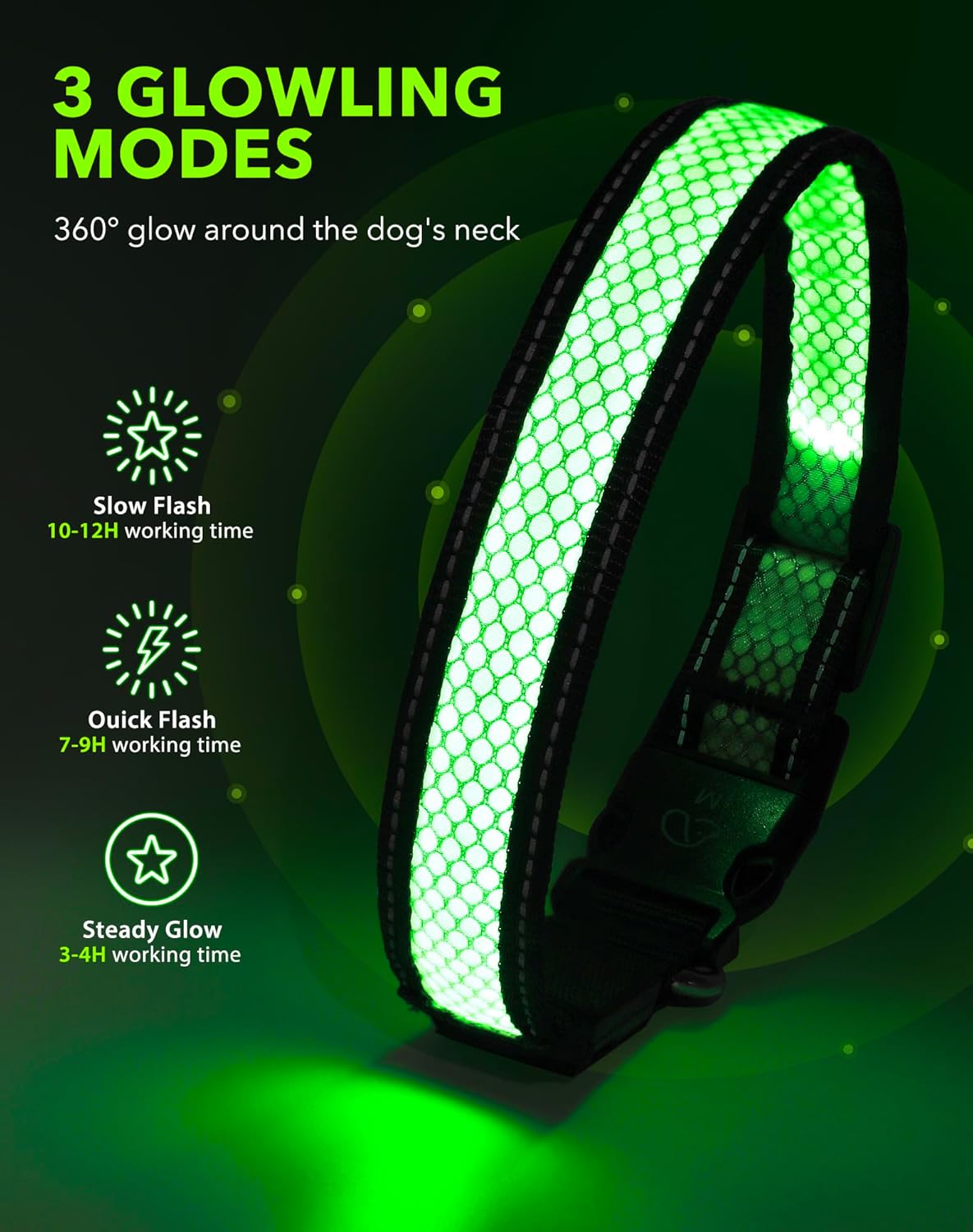 Detalle de Weesiber Light Up Dog Collar - Medium (38-50cm) with USB-C Rechargeable LED, Reflective and Water-Resistant