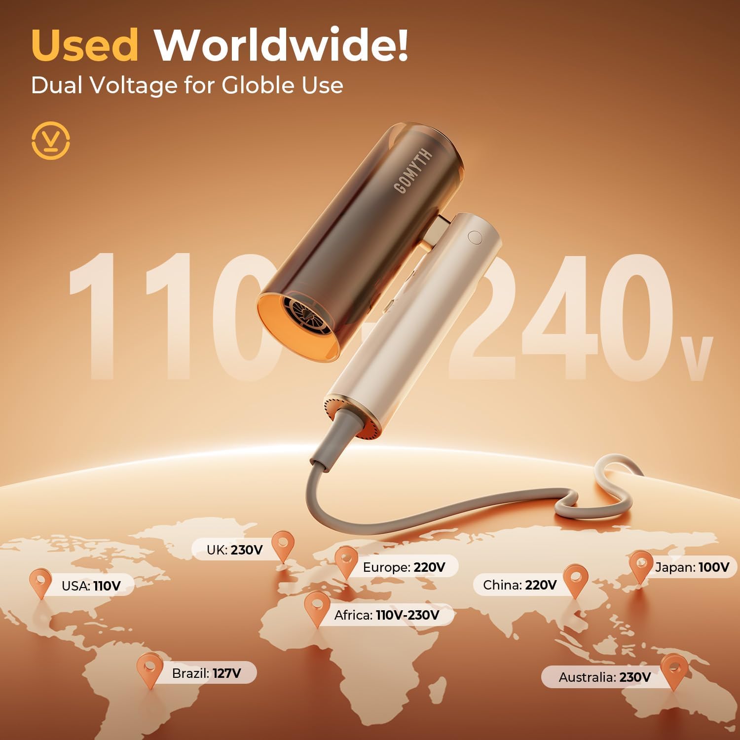 Detalle 2 de GOMYTH 5 in 1 Dual Voltage Travel Hair Dryer (100V-240V) with Plasma Scalp Protection