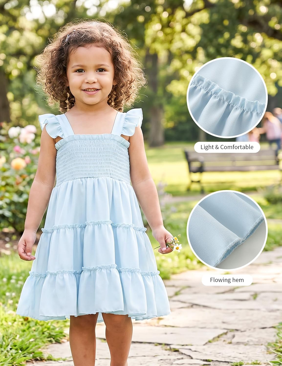 Detalle de KIDDLETOWN Robe Bébé Fille d'Été Sans Manches - A-Line Midi, Volants et Épaules Dénudées