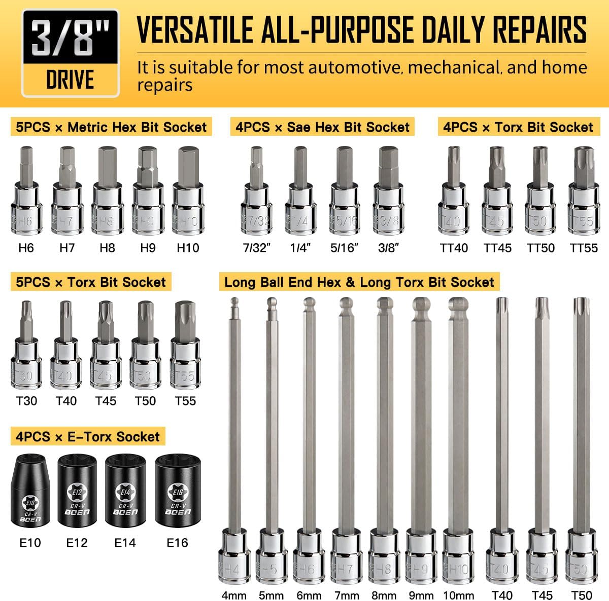 Detalle de BOEN BS-ALL084 84-Piece Allen and Torx Bit Socket Set, 3 Drive Sizes