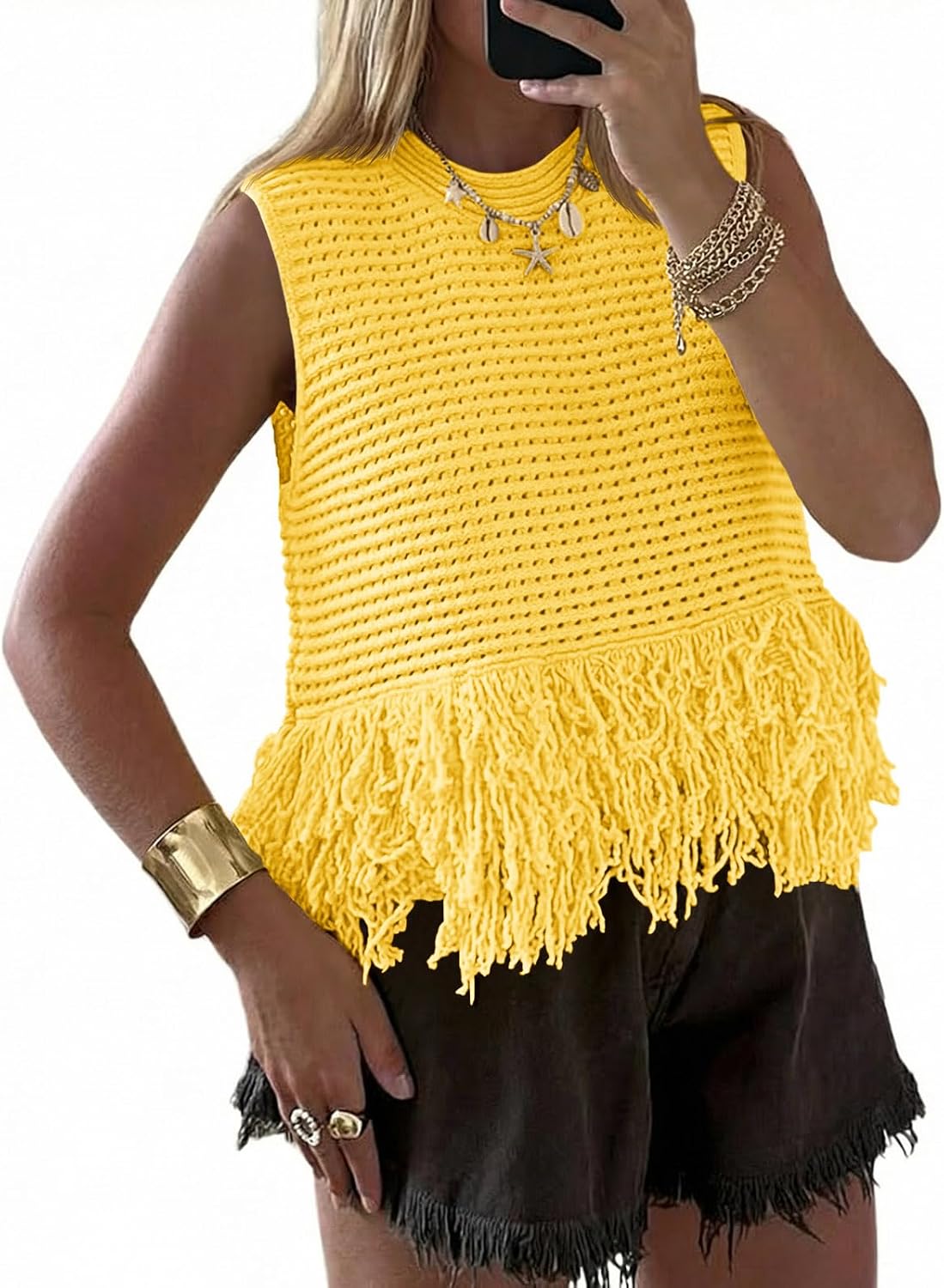 Detalle de Saodimallsu Women's Crochet Fringe Tank Top Vest