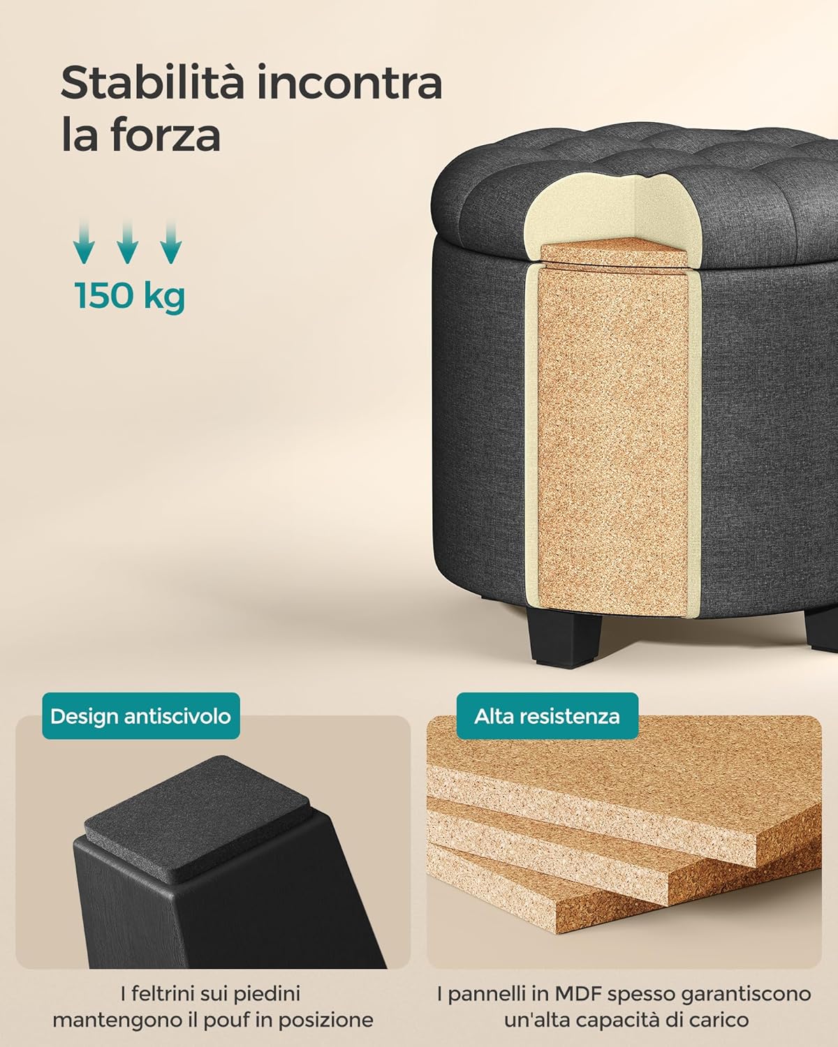Thumbnail 3 de SONGMICS LOM011G01V1 pouf contenitore rotondo grigio scuro 45 x 45 x 44,5 cm