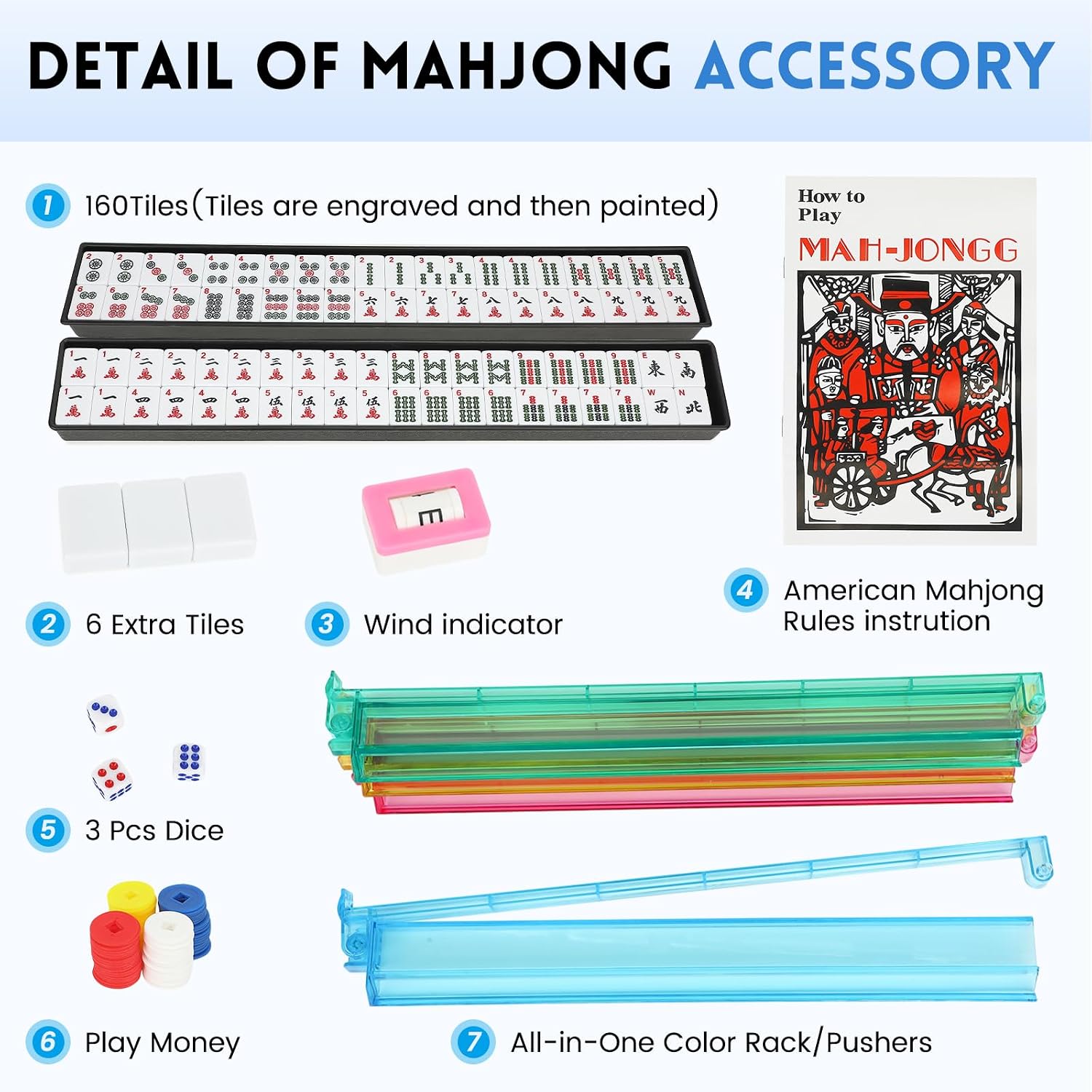 Detalle de Suncle American Mahjong Tile Set: 166 White Tiles with 4 Racks and Travel Bag