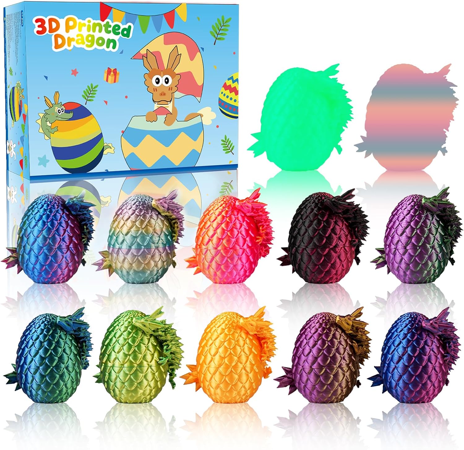 JOMBY 12er Set 3D-gedruckte Dracheneier – bewegliche Kristall-Drachen als Spielzeug und Deko