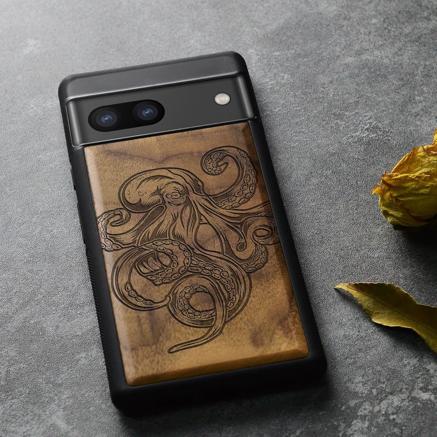 Thumbnail 3 de Carveit Wood Case for Pixel 8a — Natural Wood & Black Soft TPU, Walnut Octopus Engraving