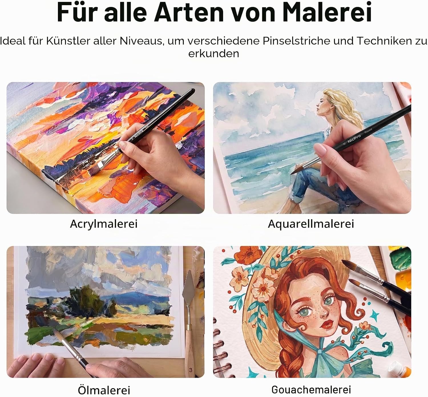 Detalle de Nicpro 30‑teiliges Pinselset – Profi-Pinsel mit Spachtel und Stoffrolle für Acryl, Öl, Gouache und Aquarell