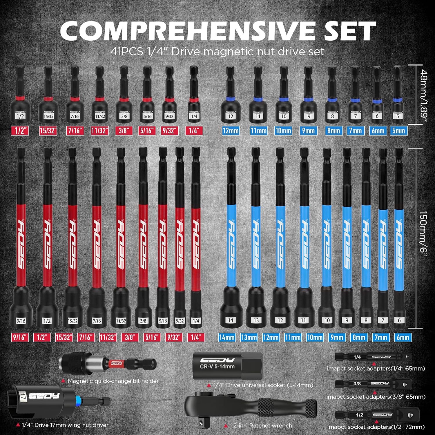Detalle 2 de SEDY 85025 41-Piece 1/4-Inch Metric and SAE Magnetic Nut Driver Set