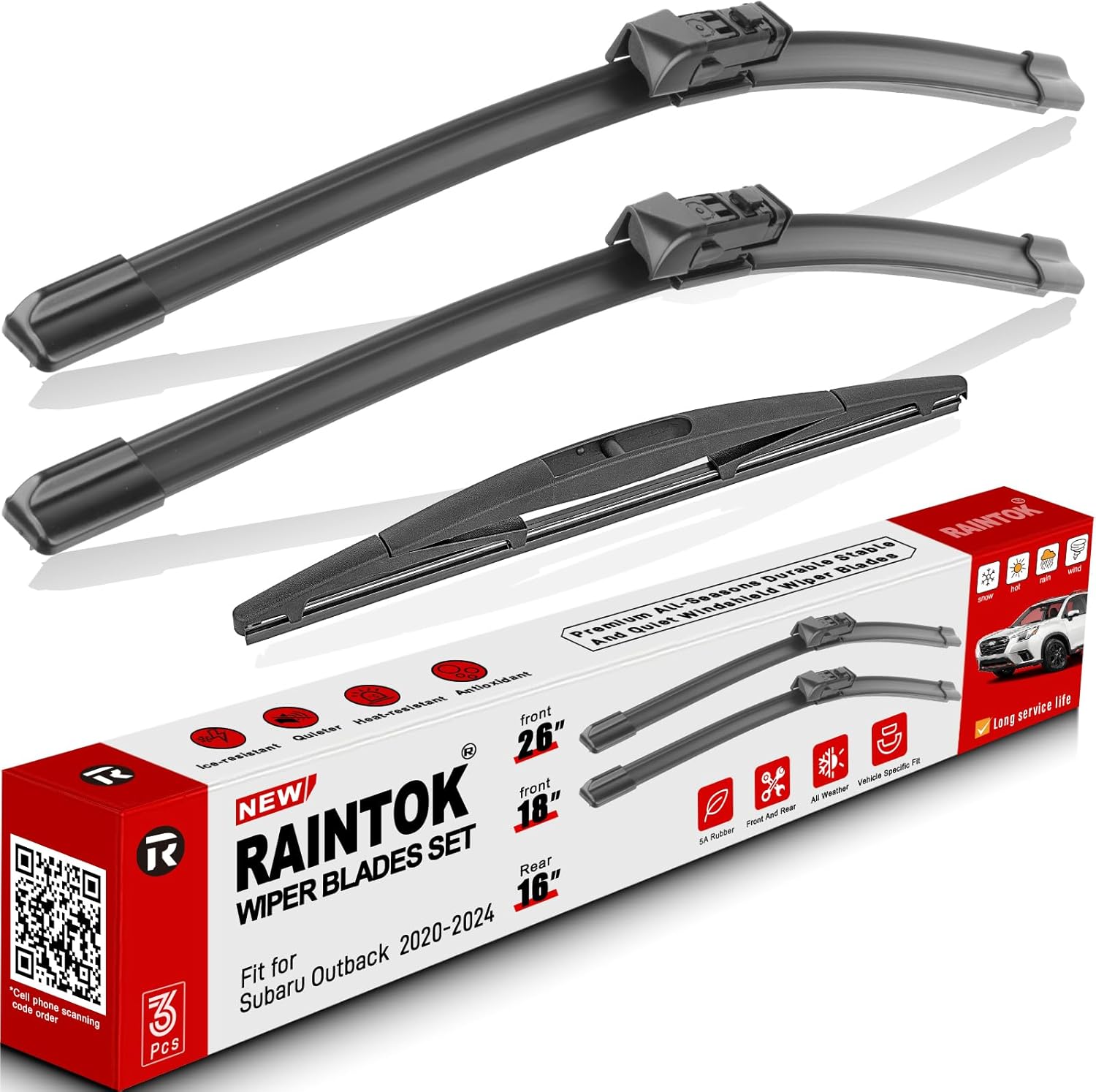 RAINTOK Windshield Wiper Blades Replacement for Subaru Outback (2020–2024) — 26\", 18\", 16\" Front/Rear, Pack of 3