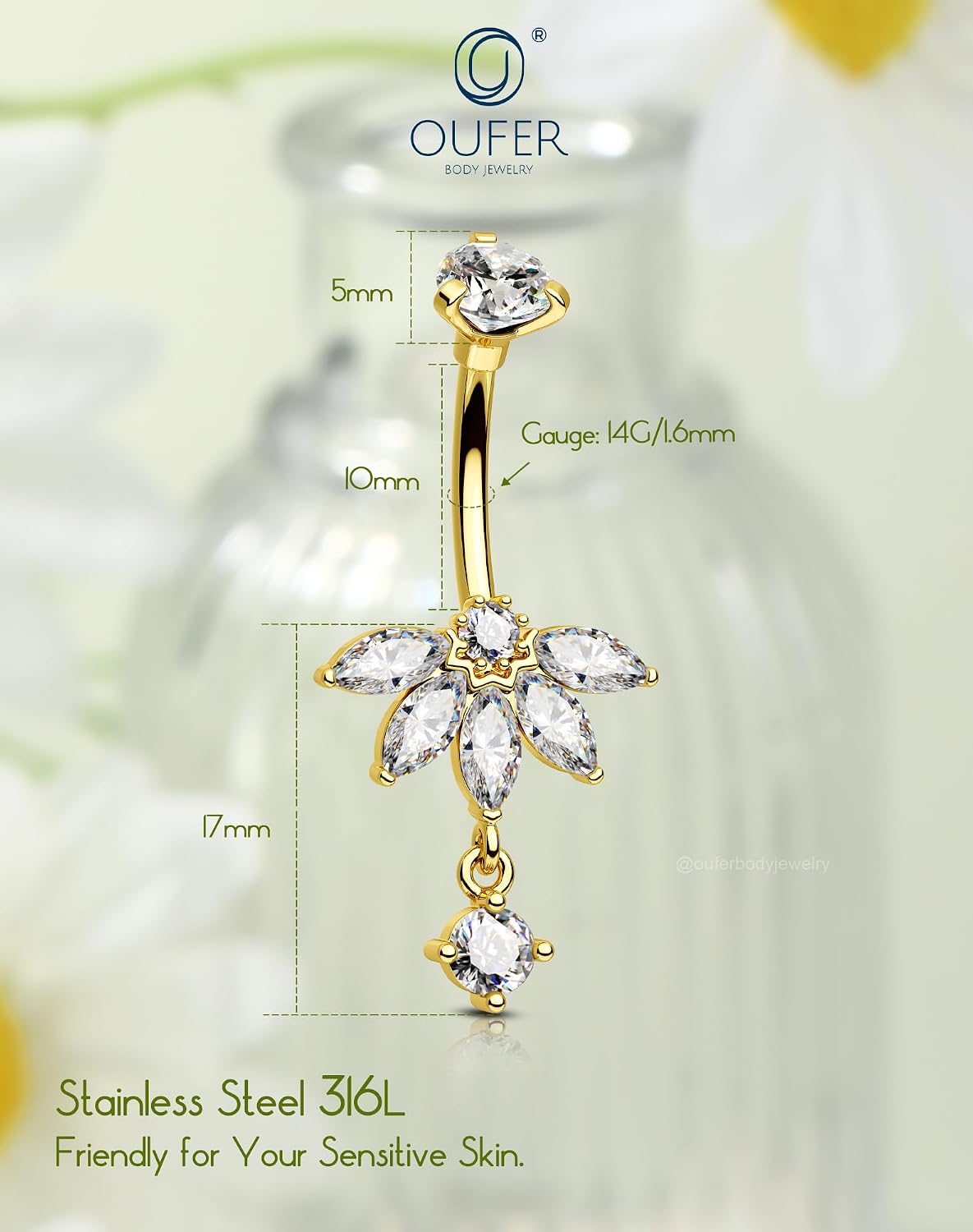 Thumbnail 4 de OUFER 14G Oro Piercing Ombelico Fiore CZ