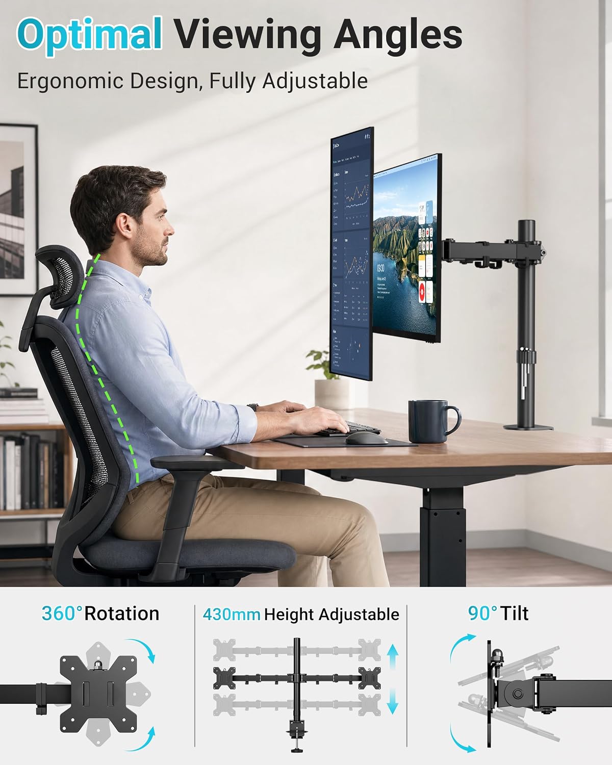 Thumbnail 6 de BONTEC MDM 002 dubbele monitorarm voor 13–27 inch, verstelbaar tot 430 mm