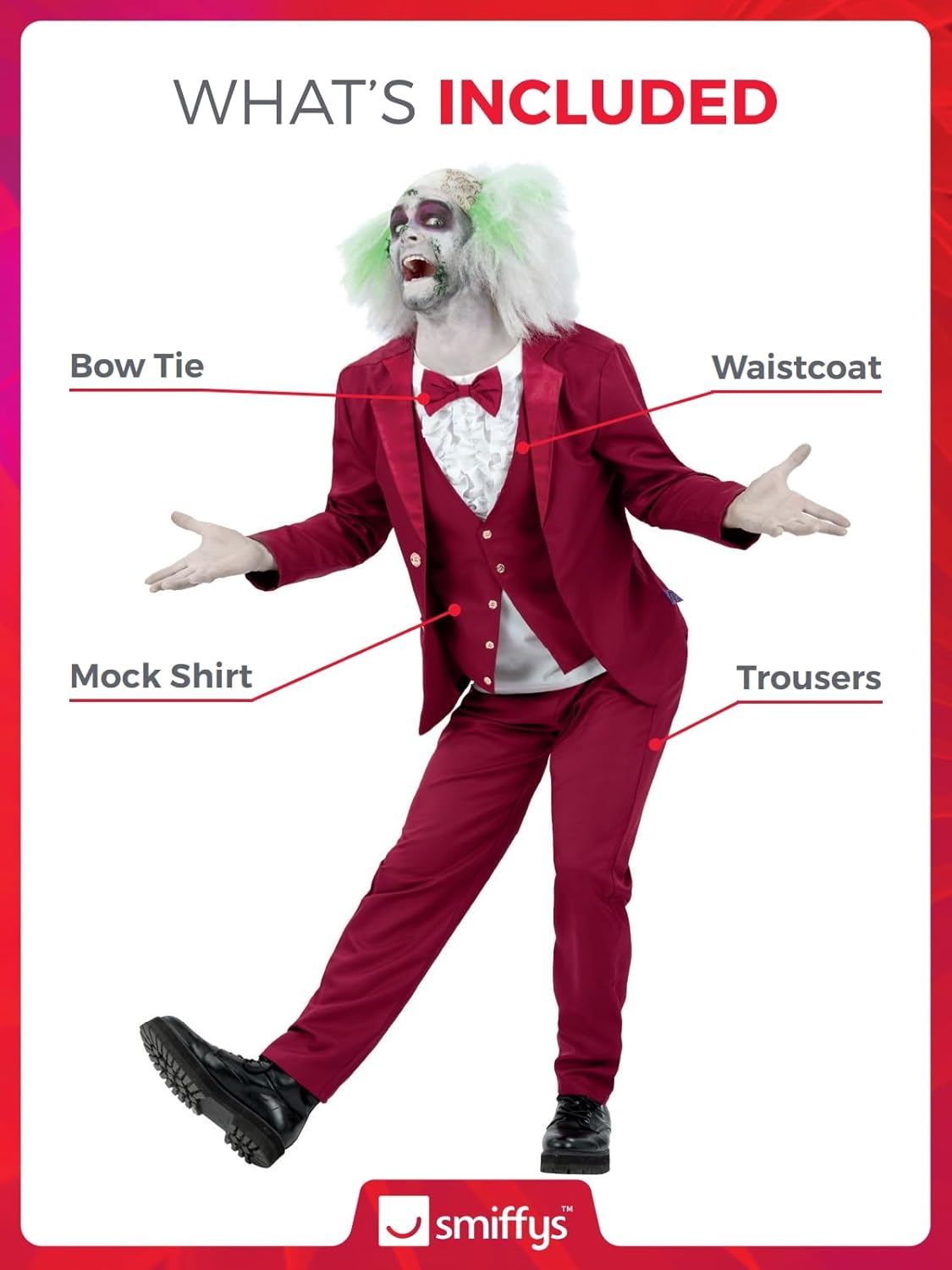 Thumbnail 3 de Smiffys Beetlejuice Groom Erwachsenen-Kostüm mit roter Jacke, Hemd-Imitat, Weste, Fliege & Hose