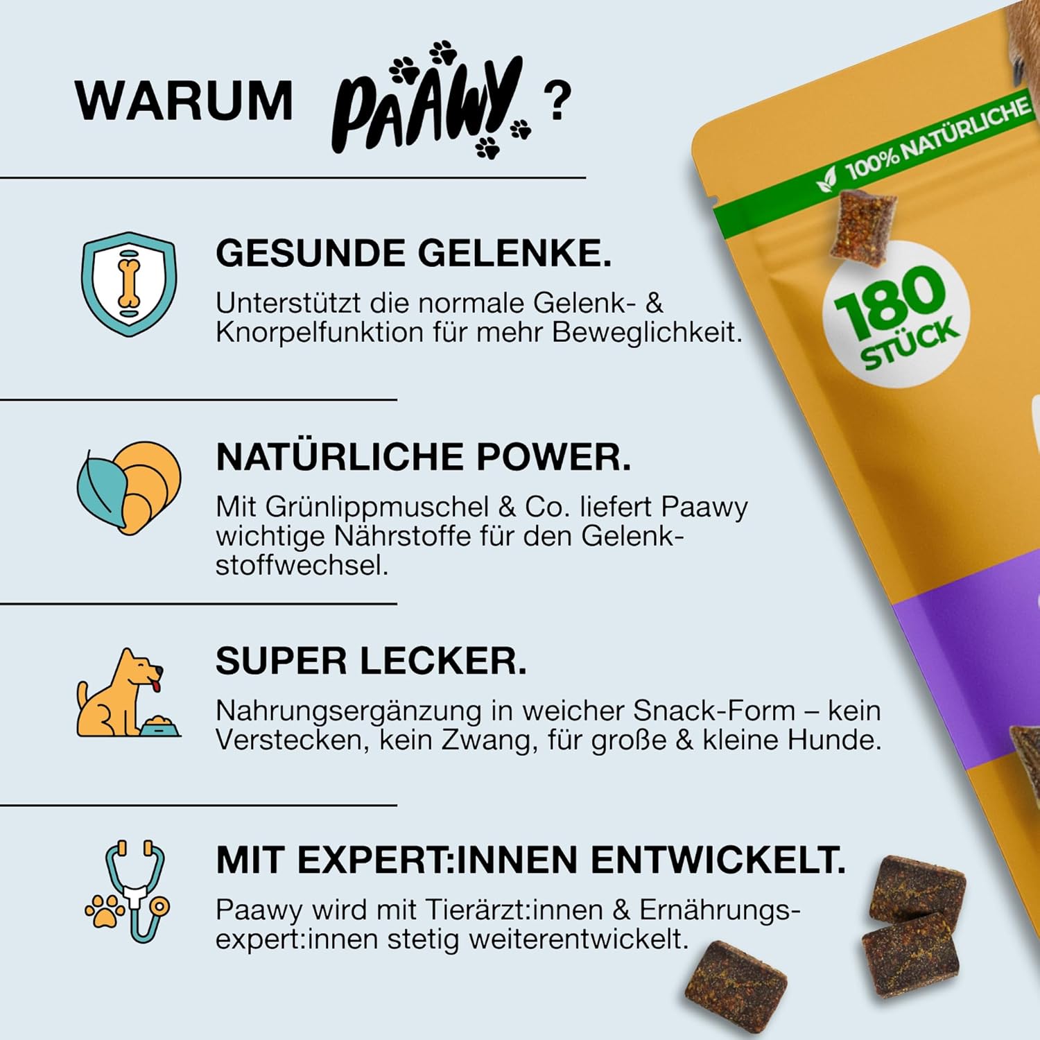 Detalle 2 de Paawy Gelenktabletten für Hunde (180 Stück) mit Grünlippmuschel, MSM, Glucosamin & Chondroitin