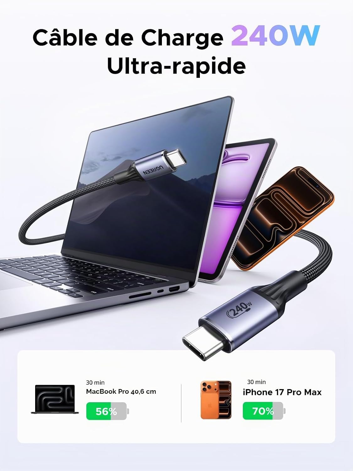 Thumbnail 2 de UGREEN USB-C-kabel, 240 W, USB-IF-gecertificeerd, gevlochten nylon