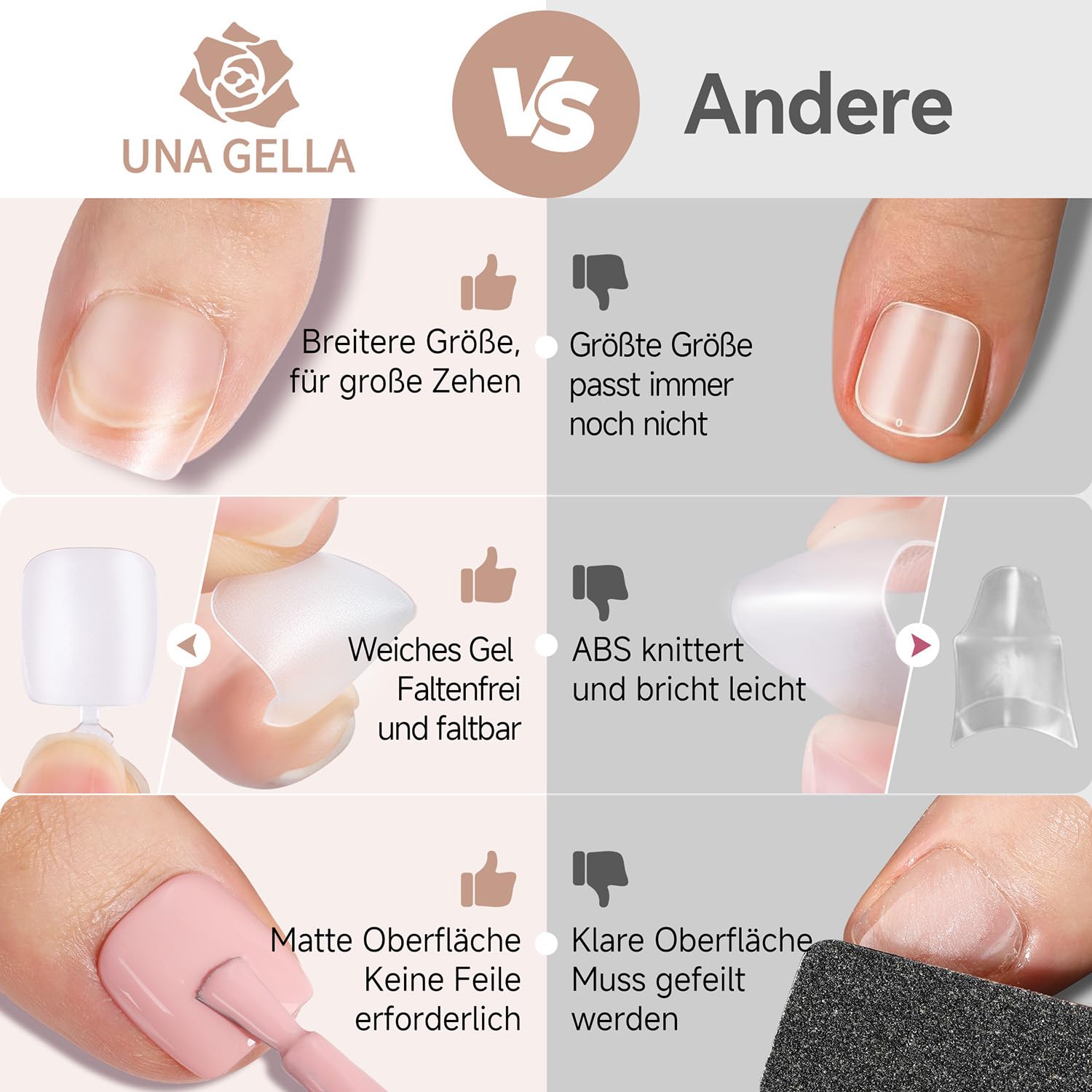 Detalle de UNA GELLA Fußnägel Tips – 216 Stück, 15 Größen, quadratische klare Tipps zum Kleben