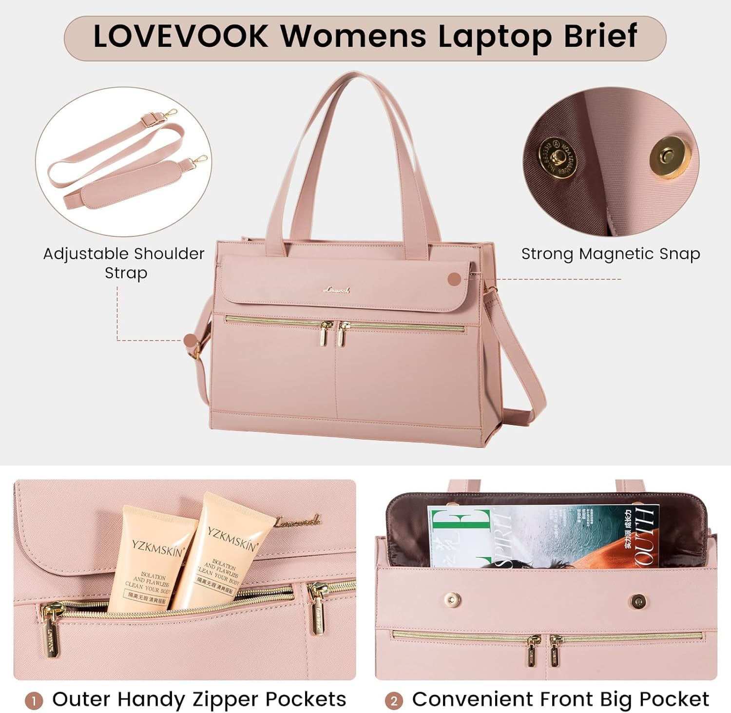 Detalle de LOVEVOOK 15.6 Inch Laptop Tote for Women – Pink PU Leather with Detachable Clutch