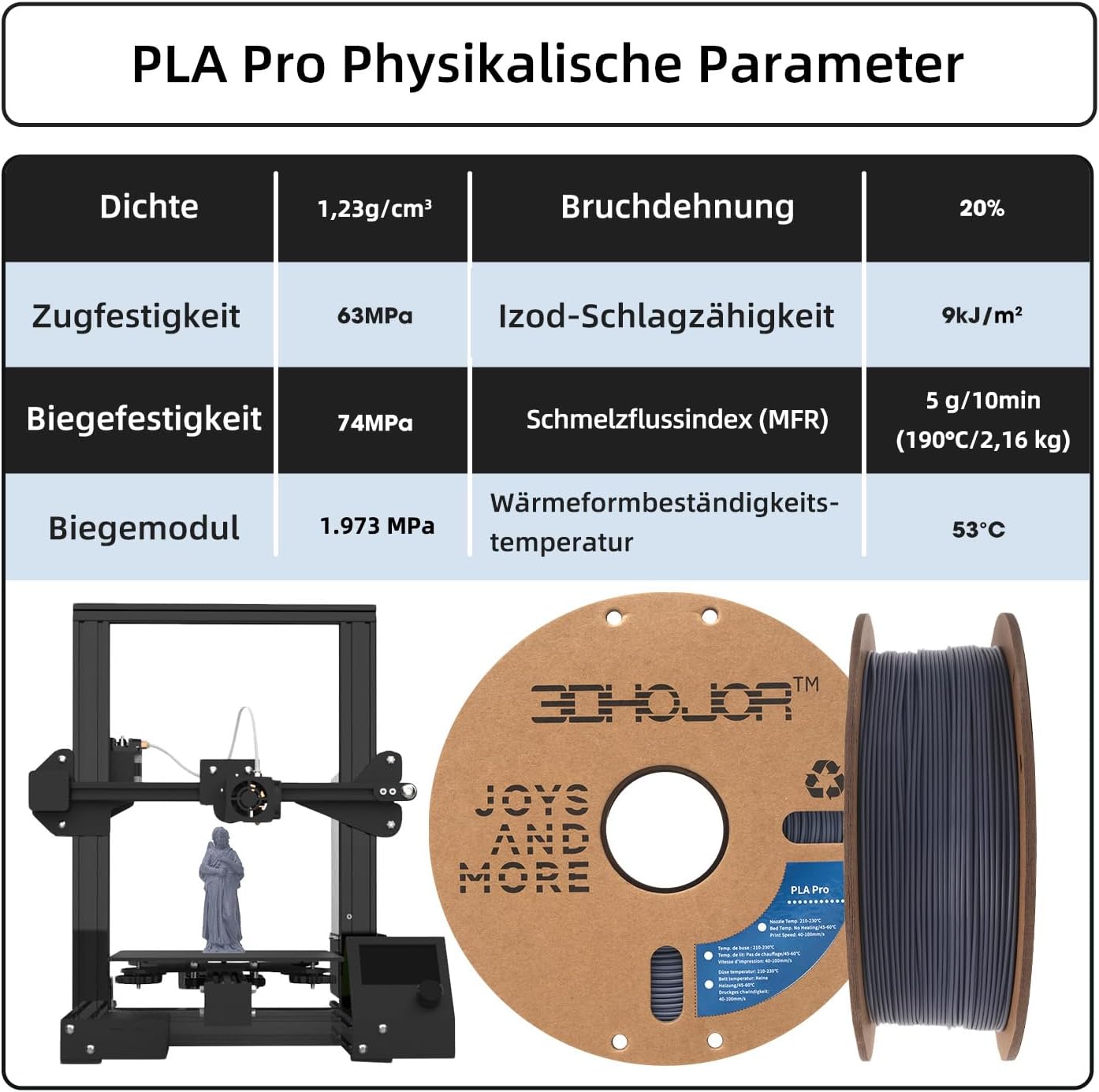 Thumbnail 3 de 3DHoJor PLA+ Filament 1,75 mm (PLA Plus) für FDM-Drucker – Grau, Maßgenauigkeit ±0,02 mm, 1 kg Spule