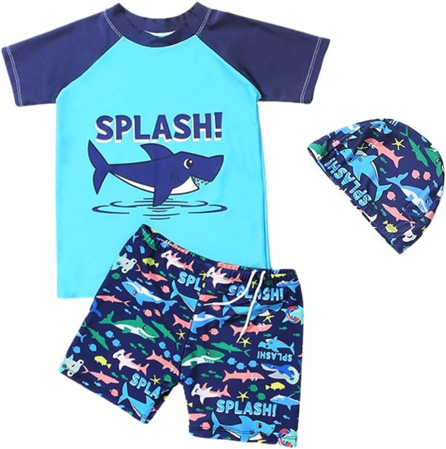 Detalle de FedMois Kleinkinder Jungen Badeanzug 3-teiliges Badeset mit Badeshirt, Badeshorts & Bademütze