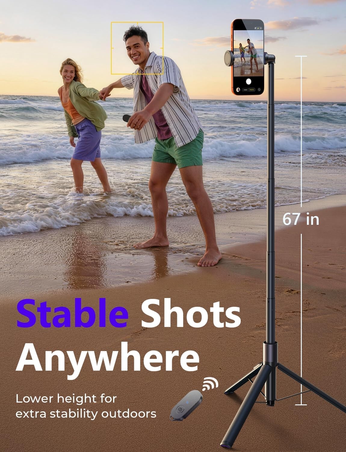 Detalle 2 de LISEN 67" Phone Tripod for iPhone & Android with Self-Deploying Selfie Stick, Remote, and 1/4-20 Thread