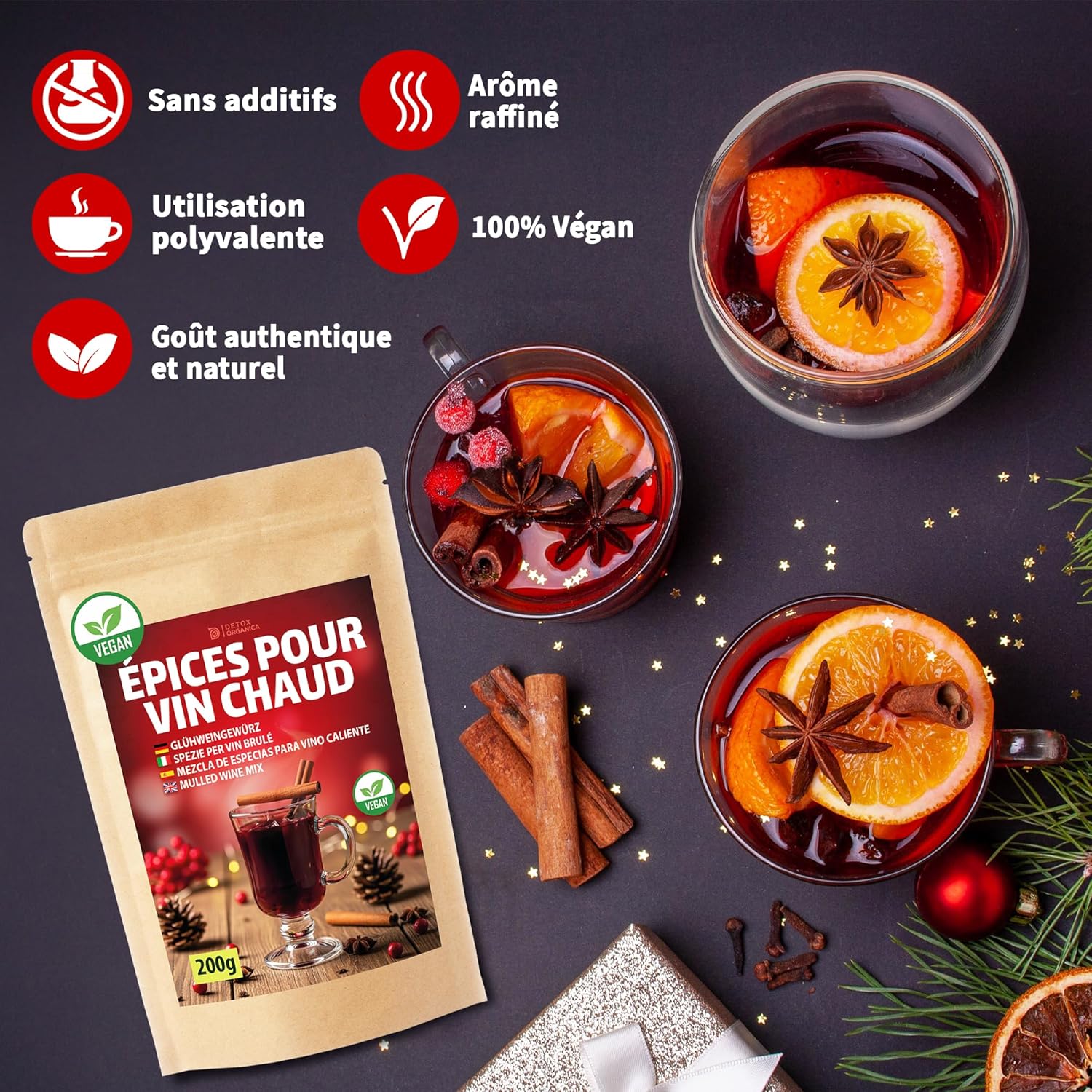 Thumbnail 2 de DETOX ORGANICA Mélange Épices Vin Chaud – 200 g, Épices premium (Clous de girofle, Anis étoilé, Cannelle) avec fruits séchés