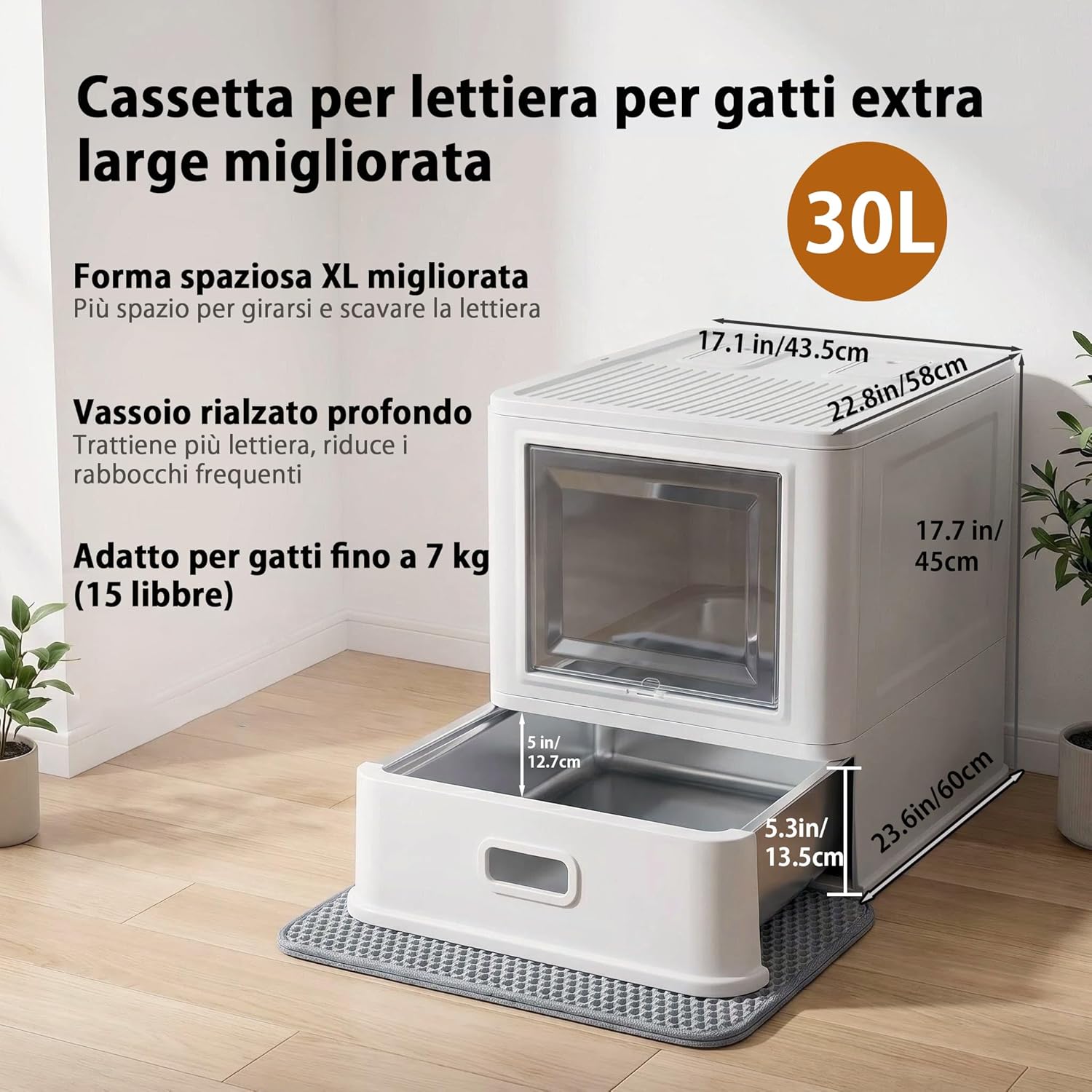 Detalle de Marchul XL Lettiera per gatti grande in acciaio inox con coperchio, cassetto estraibile e tappetino: design chiuso per odori contenuti