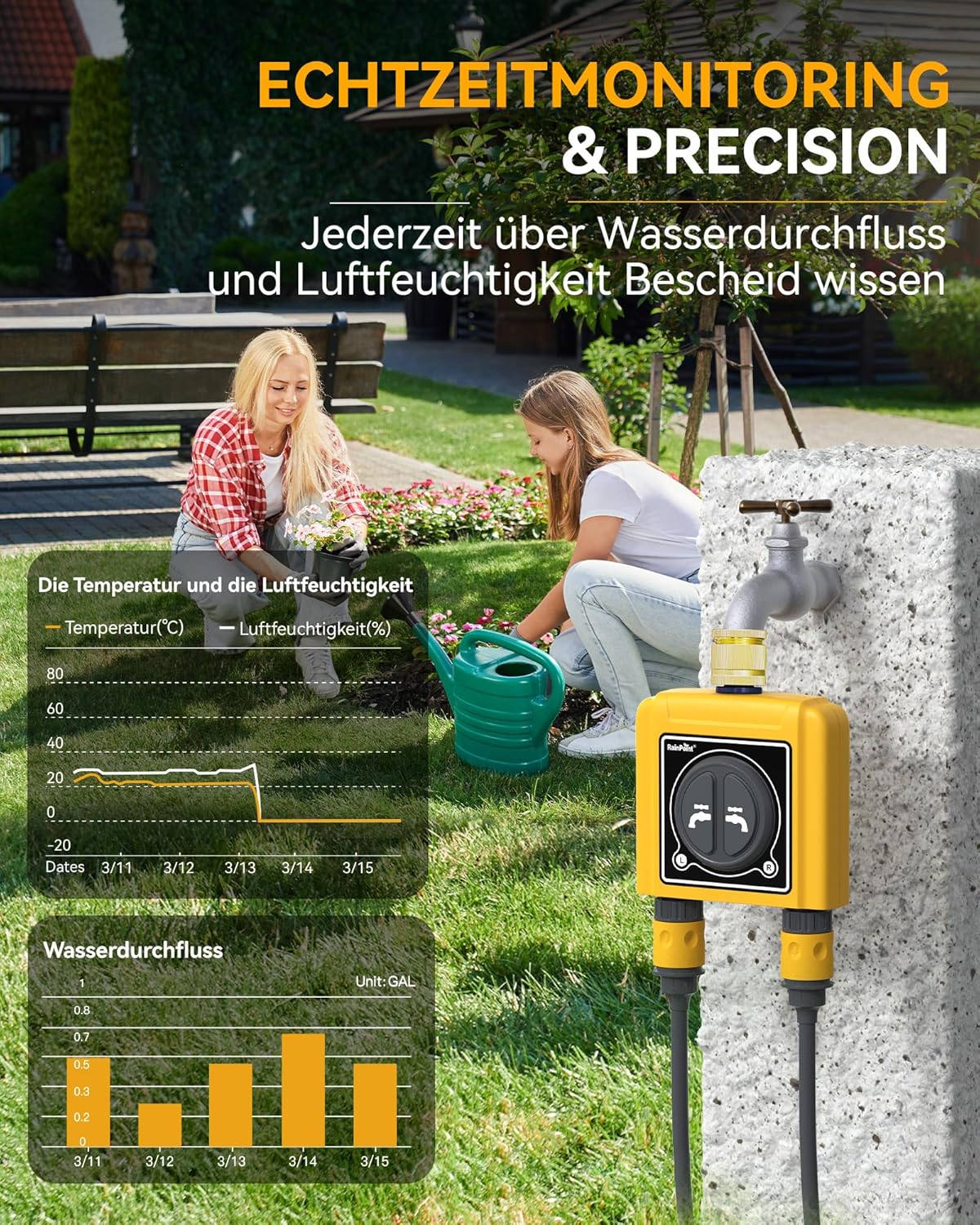 Thumbnail 3 de RAINPOINT Bewässerungscomputer WLAN 2 Ausgänge – Messing-Einlass/Auslass, intelligenter Wassertimer für Gartenschlauch
