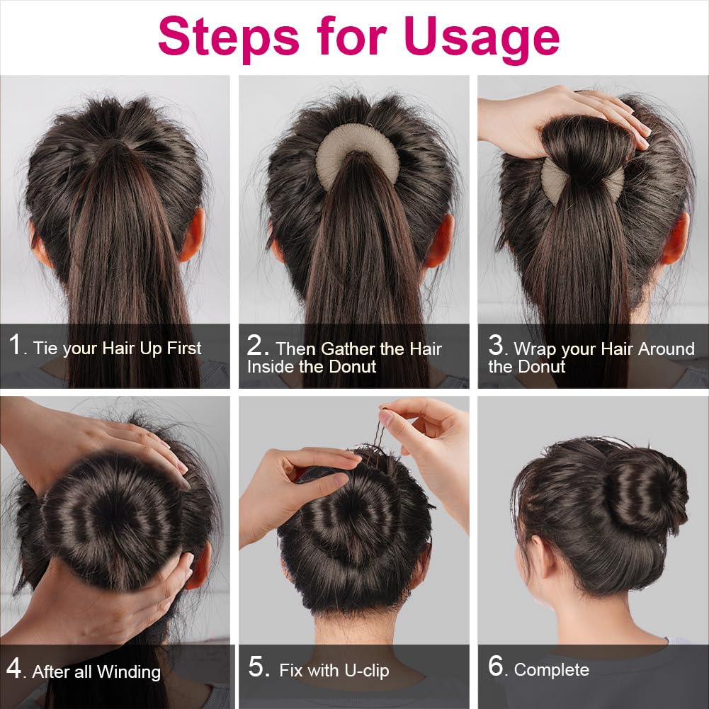 Detalle de URAQT Donut Hair Bun Set – 4er Dutt Maker mit 30 U-förmigen Clips und Duttkissen in Groß und Klein (Aprikose, 6+8+10+12)