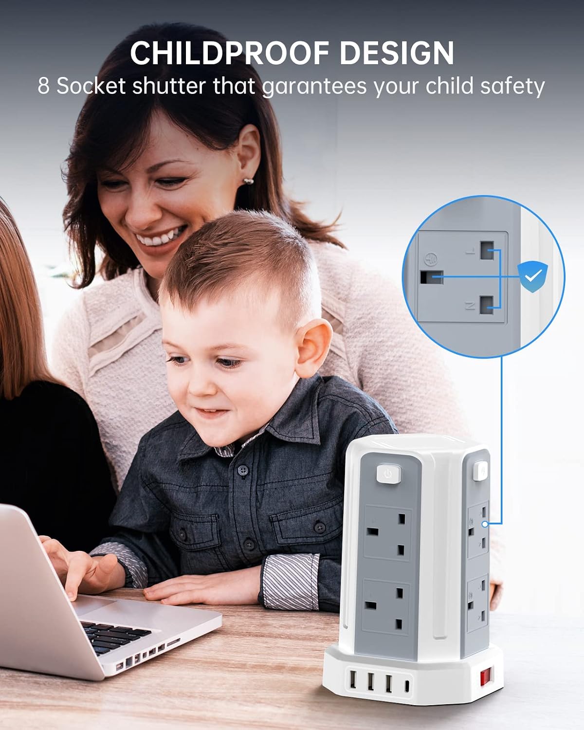 Thumbnail 6 de Sameriver Tower Extension Lead (13A 3250W) with 4 USB Ports and 8-Way Tower, Surge Protection, 2m Lead