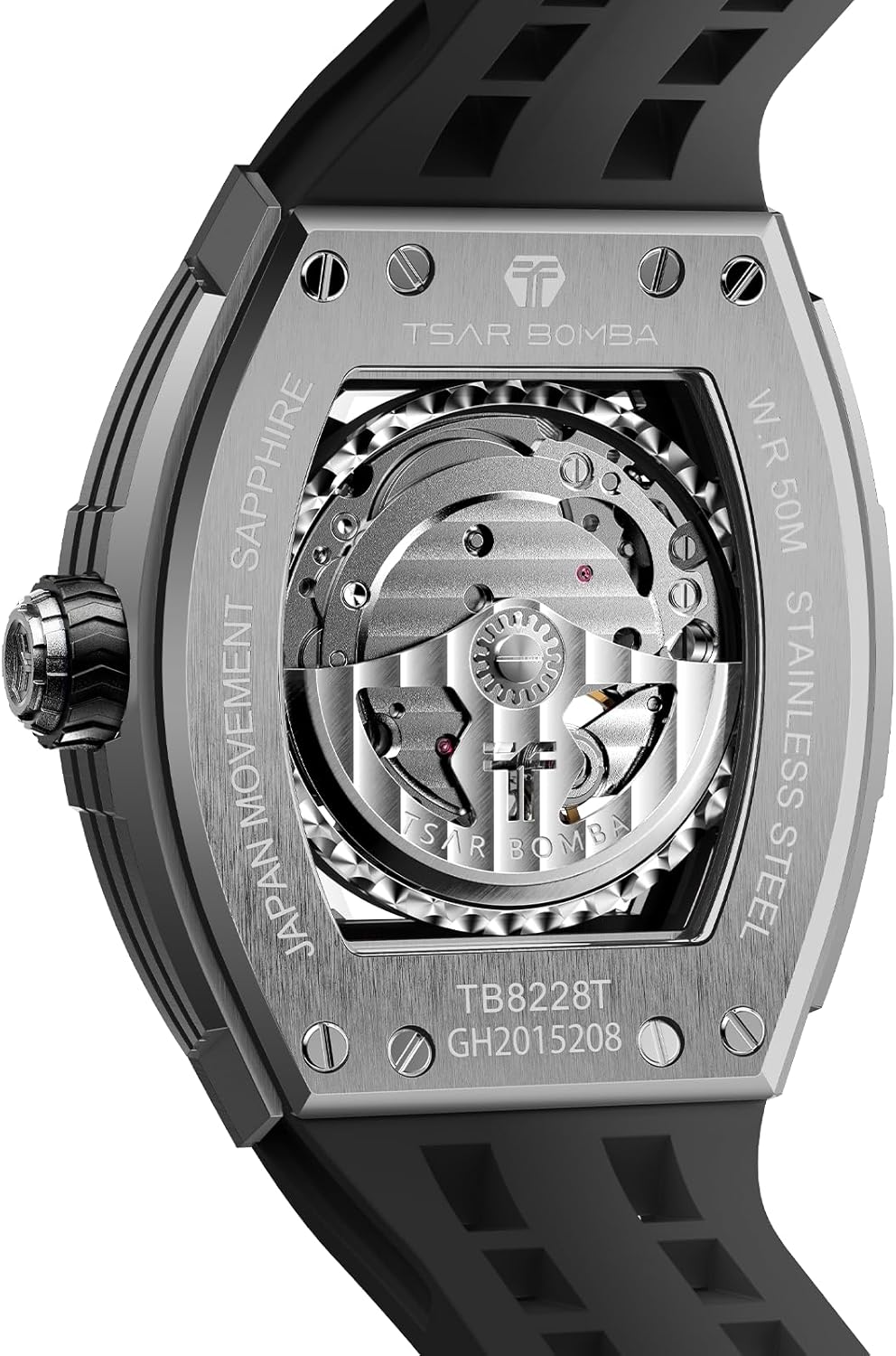 Detalle de TSAR BOMBA Orologio Automatico da Uomo – Cassa Titanio, Movimento Giapponese 82S0, Vetro Zaffiro, Scheletro Dual