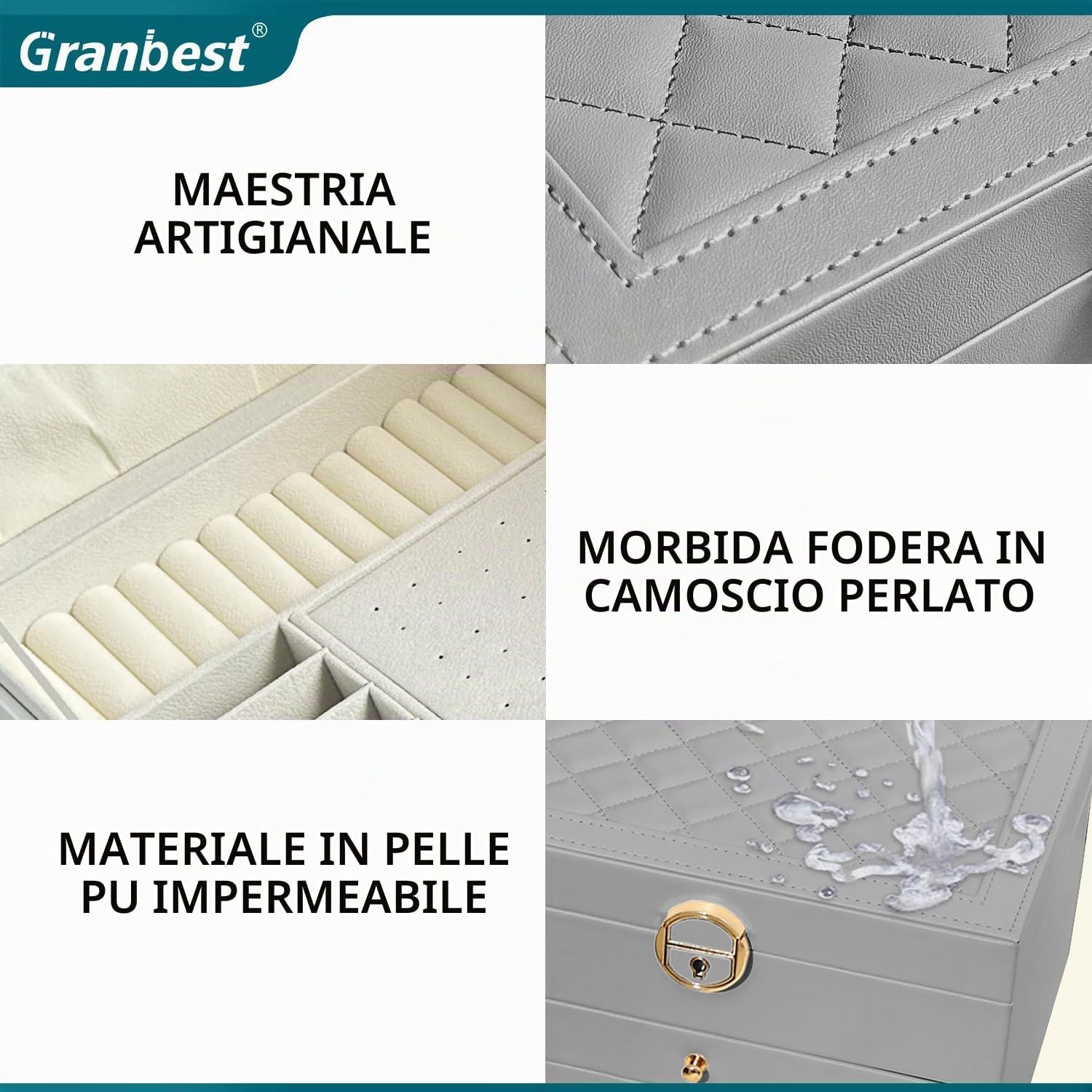 Detalle de Granbest Portagioie a 3 strati con 2 cassetti – Porta gioielli in pelle grigio