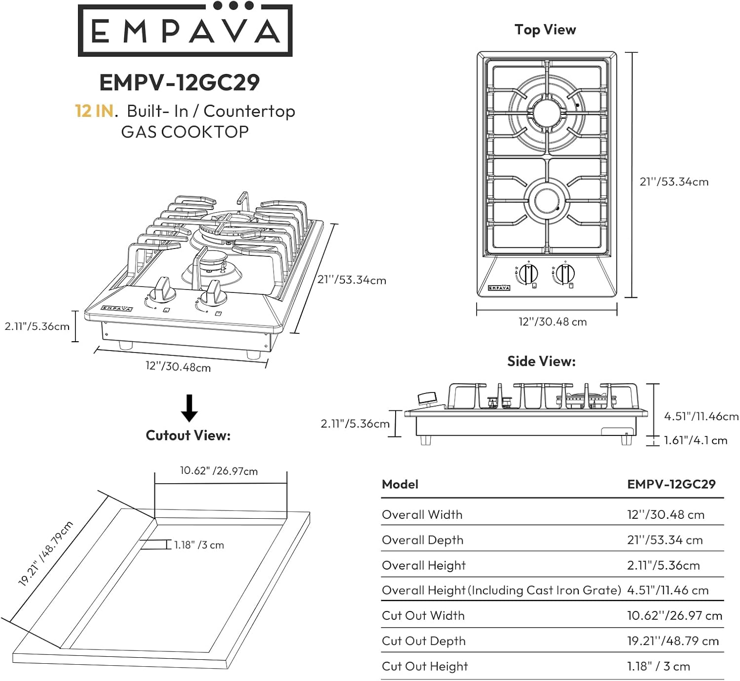 Thumbnail 6 de Empava 12-Inch Gas Cooktop with 2 SABAF Burners, NG/LPG Conversion