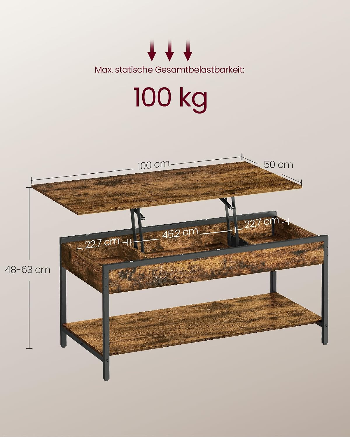Thumbnail 2 de VASAGLE Couchtisch LCT261KD02 – höhenverstellbarer Kaffeetisch mit offenen und versteckten Fächern, 50 x 100 cm, vintagebraun-tintenschwarz