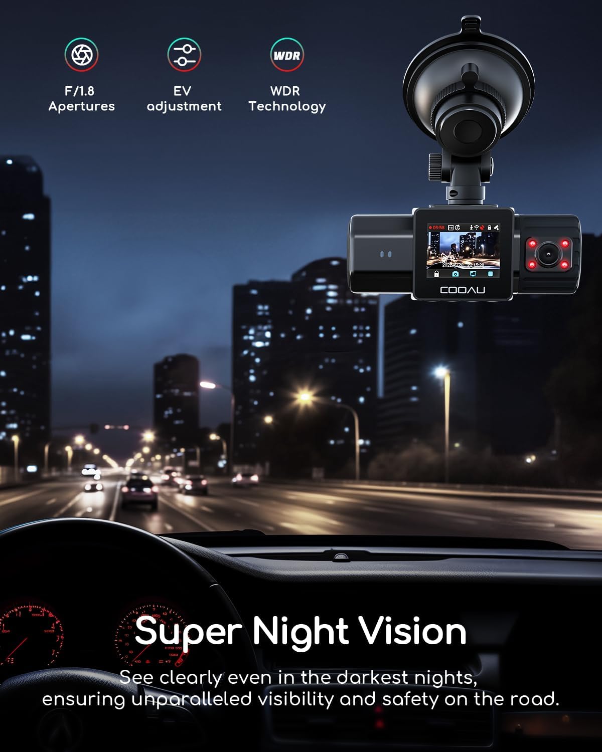 Detalle 2 de COOAU Dual Dash Cam 2.5K front and 1080P interior
