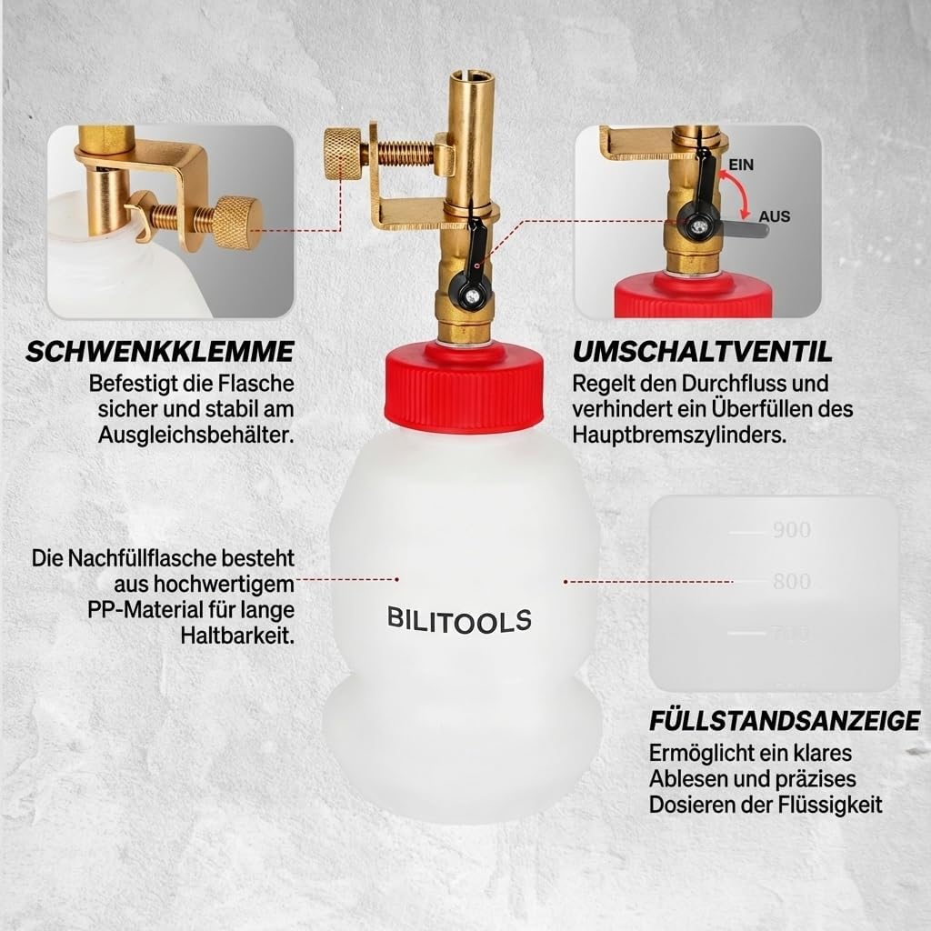 Thumbnail 2 de BILITOOLS Bremsflüssigkeitsbehälter 1L – automatische Nachfüllflasche für Bremsenentlüftung (KFZ & Motorrad)