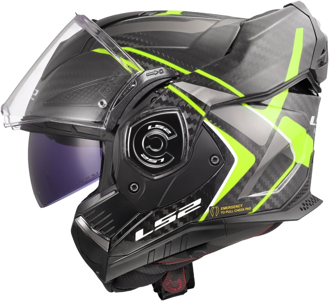 Detalle de LS2 ADVANT X CARBON FUTURE II Gloss H-V Yellow, M – Casco modulare con visiera retrattile e antinebbia