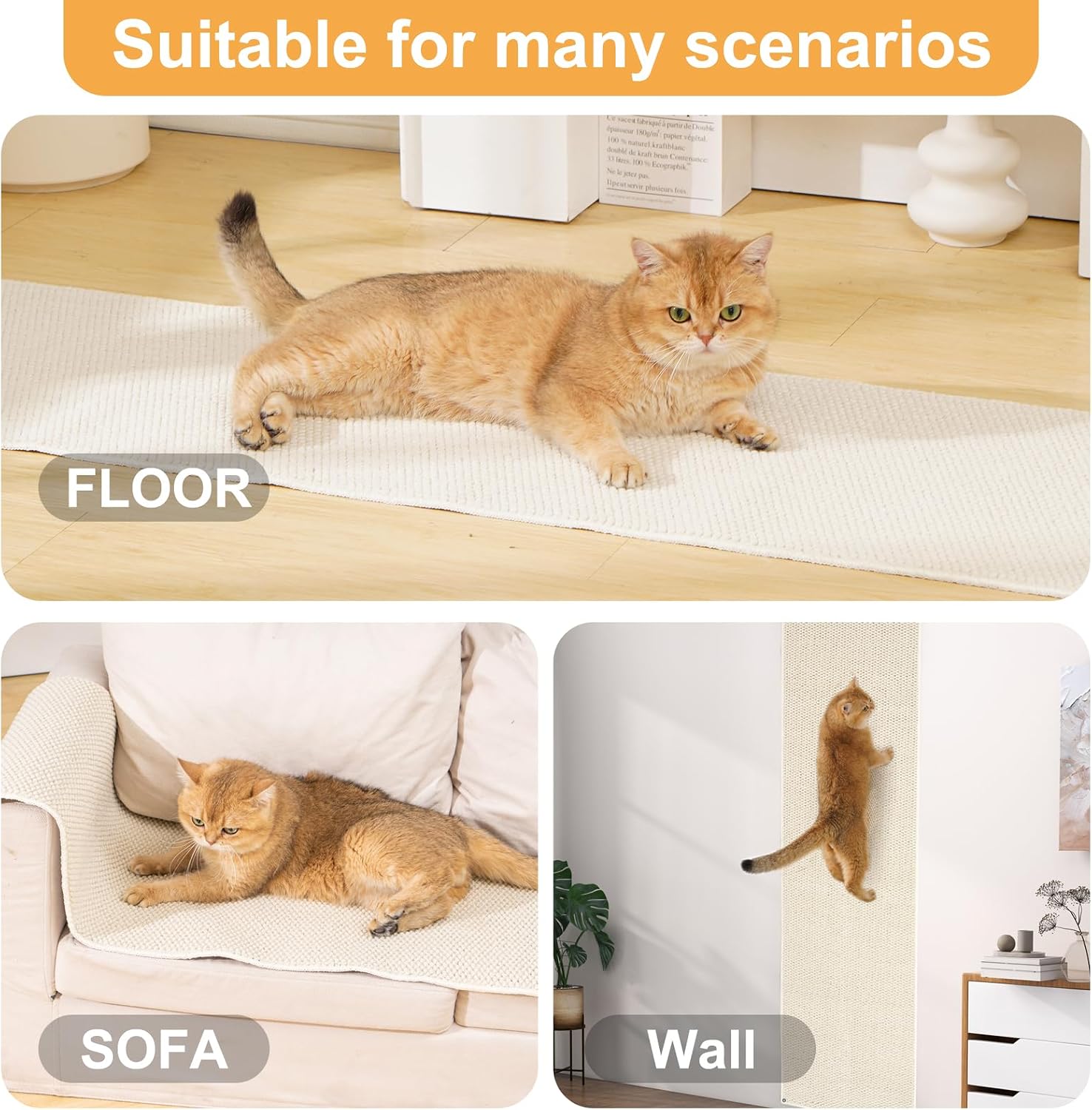 Detalle de Uross Cat Climbing Wall Carpet 200x40cm: Scratch-Resistant Wall Scratcher for Indoor Use
