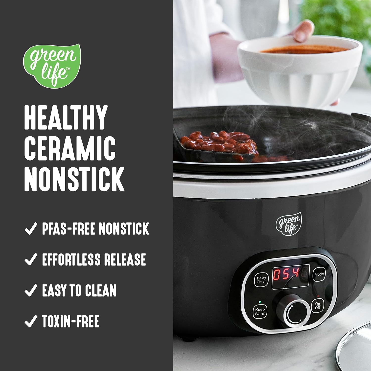 Detalle de GreenLife 6QT Slow Cooker PFAS-Free Ceramic Crock 🍲