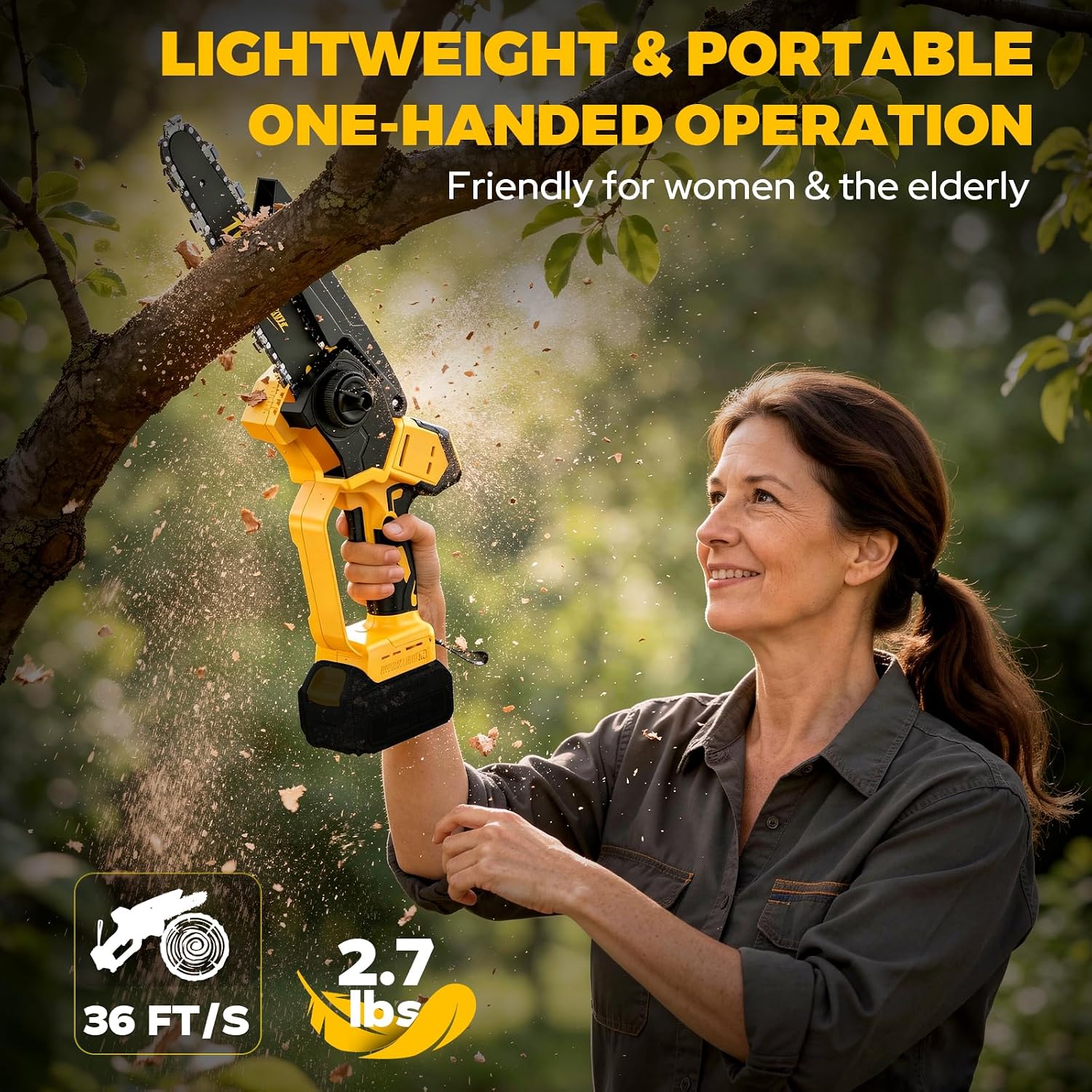 Detalle de DEJUNPIOOL JY-CH0701 Cordless Mini Chainsaw, 6- and 8-Inch, Brushless