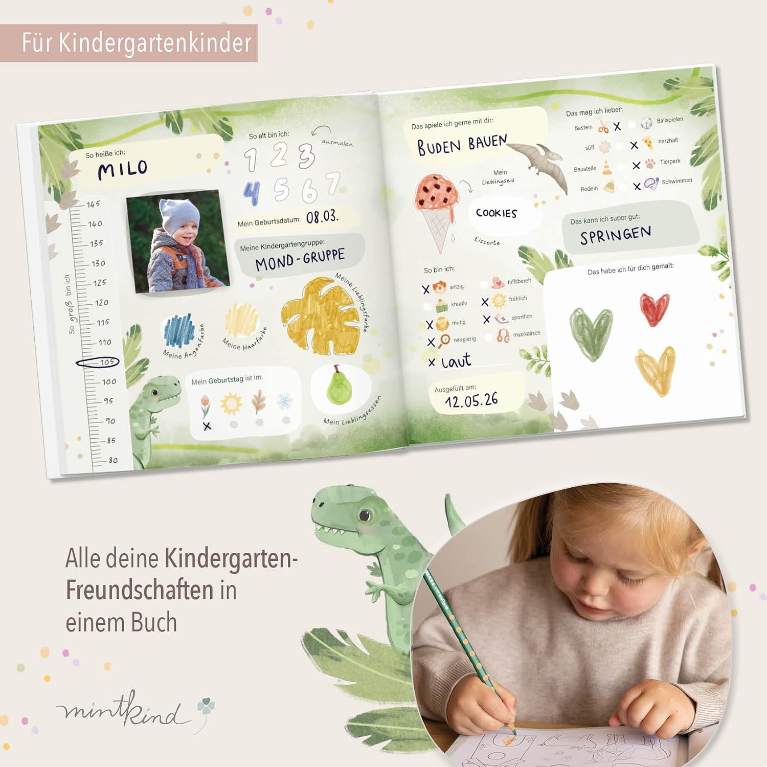 Detalle de mintkind Freundebuch Kindergarten Dino 21x21 Hardcover – 80 Seiten, Goldprägung