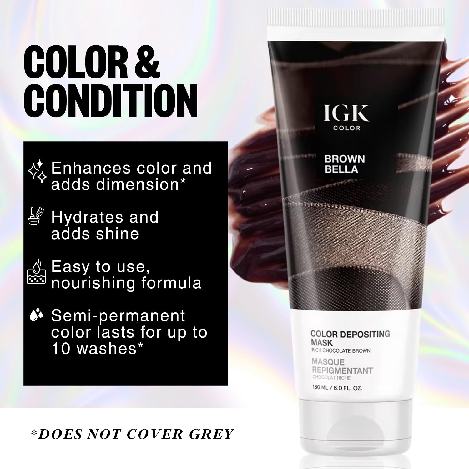 Detalle 2 de IGK Brown Bella Color Depositing Hair Mask (Chocolate Brown) — Semi-Permanent Color Conditioner + Gloss Toner, 6 oz